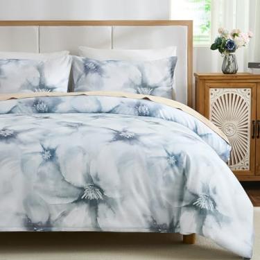 Imagem de Cozaline Capa de edredom 100% algodão tamanho Queen – Conjunto de cama com design floral aquarela com fecho de zíper, jogo de cama macio e respirável para todas as estações