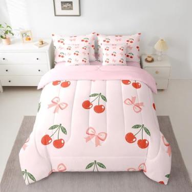 Imagem de Feelyou Conjunto de cama de cerejeira para crianças, meninos, meninas, solteiro, laço rosa, 7 peças, ultramacio, estampa cereja em uma bolsa com edredom, lençóis, fronhas, decoração de quarto de