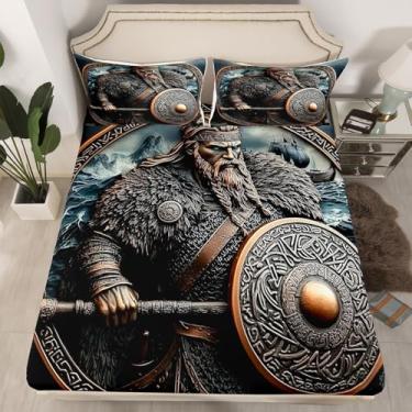 Imagem de Erosebridal Jogo de cama Queen nórdico viking para crianças, meninos, adolescentes, retrô, náutico, oceano, vintage, navio preto, lençol com elástico, 2 fronhas