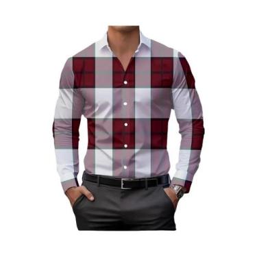 Imagem de Camisa Casual Masculina Com Estampa Xadrez Clássica, Gola Lapela, Mang