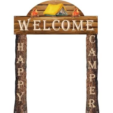 Imagem de Peryiter 3 peças de decoração de festa temática de acampamento banner sinal de varanda de boas-vindas com 1 fita dupla face para acampamento de verão aniversário Havaí chá de bebê tema festa atividade