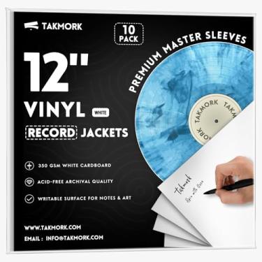 Imagem de TAKMORK Jaquetas de disco de vinil LP em branco de 30 cm, capas de álbum de cartolina pesada de 350 g/m2 com lombada de 4 mm, sem orifício central, para bricolage e armazenamento, branco, 10 peças