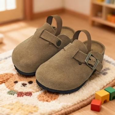Imagem de Sandálias infantis de camurça para meninos e meninas, palmilha de cortiça, chinelos infantis sem cadarço para uso interno e externo, Marrom, 9 Toddler