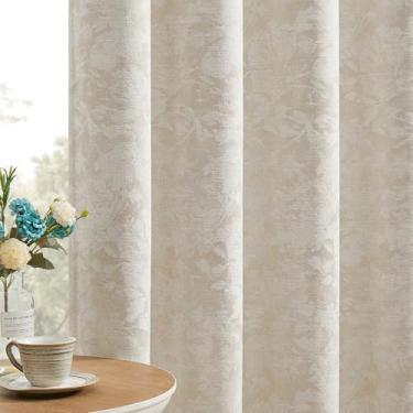 Imagem de Beauoop Cortinas blackout jacquard floral bege 222 cm de comprimento, 2 painéis para quarto, sala de estar, chenille, sala de flores, escurecimento, isolamento térmico, à prova de som, bolso para