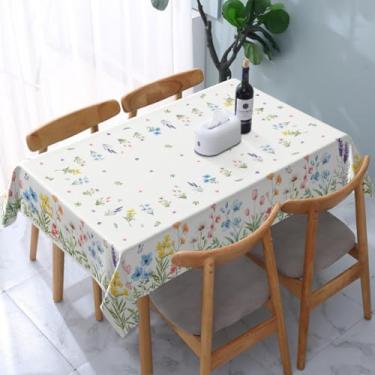 Imagem de Toalha de mesa retangular floral de primavera, 152 x 203 cm, verde, rosa, azul, amarelo, flores silvestres, verão, retangular, toalha de mesa sazonal, casa de fazenda para decoração de festa interna