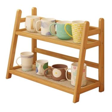 Imagem de FYRLFB Organizador de prateleira de copo doméstico de 2 níveis, prateleira de balcão de cozinha para acessórios de chá e café, suporte de caneca de bambu, suporte de matcha, expositor de copos, rack