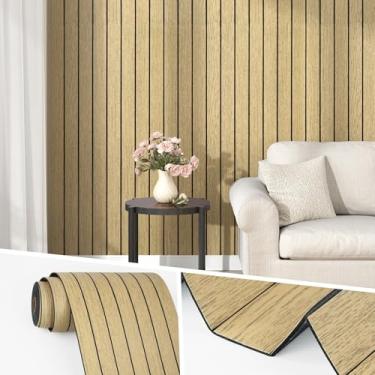 Imagem de Wallercity Painéis de madeira canelados 3D para decoração de paredes cozinha fácil de usar papel de parede painel de ripas de grão de madeira marrom 30,5 cm x 508 cm