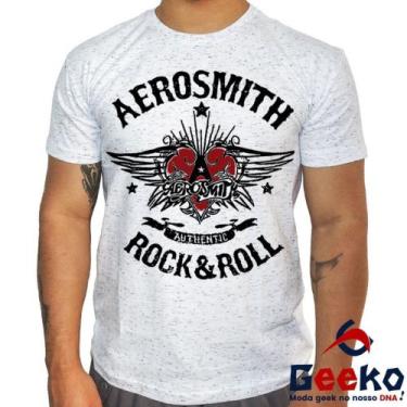 Imagem de Camiseta Aerosmith 100% Algodão Rock & Roll Geeko, Branco mescla gola 