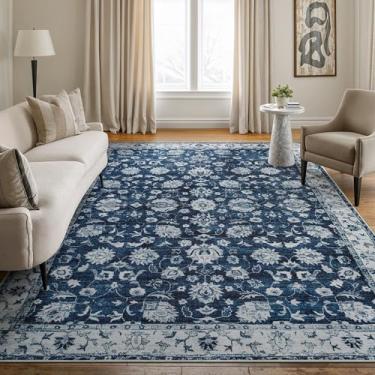 Imagem de Bloom Rugs Tapete lavável antiderrapante 1,8 m x 2,5 m - Tapete de área com bordas tradicionais azul escuro para sala de estar, quarto, sala de jantar e cozinha - Tamanho exato: 1,8 x 2,5 m