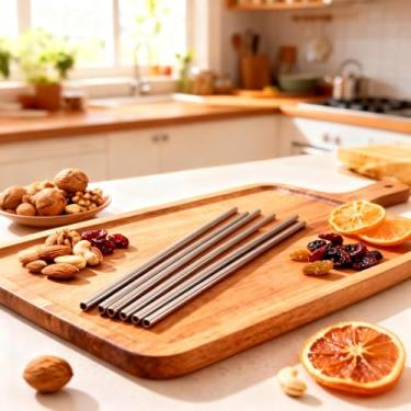 Imagem de Canudos de metal em aço inoxidável, pacote com 6 canudos reutilizáveis com escova de limpeza para bebidas frias, uso diário