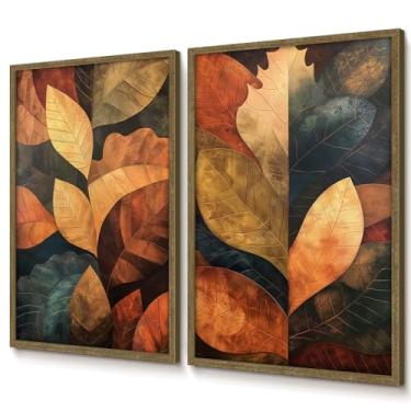 Imagem de Quadros Decorativos com Moldura Duo Folhas de Outono para Sala e Quarto(Nogueira 50x70 Com Vidro)