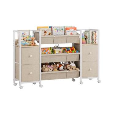 Imagem de Modanais Organizadores e caixas de armazenamento de brinquedos infantis – 7 caixas de armazenamento + 4 gavetas de tecido + 2 estantes, armazenamento de sala de jogos, organizador de carrinho móvel