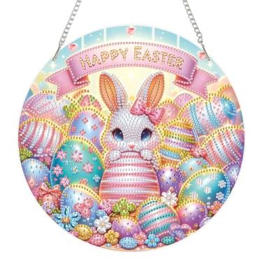 Imagem de Eiflow Kit de pendurar arte de diamante acrílico para adultos, kit de pintura de diamantes faça você mesmo, enfeite especial de pingente de pintura de diamante de cristal (Feliz Páscoa)