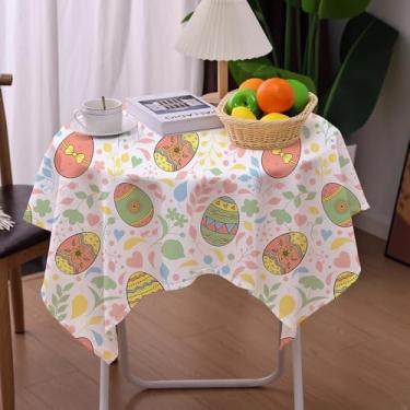 Imagem de Amonsa Toalha de mesa quadrada pequena colorida com ovos de páscoa 91 cm, toalha de mesa de primavera para 2 a 4 lugares, capa de mesa de café, tecido lavável, corações rosa, folhas florais