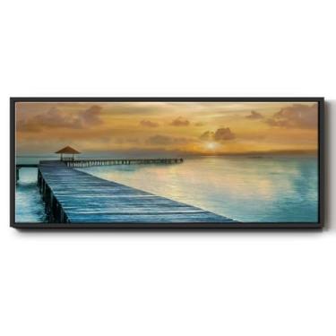Imagem de Renditions Gallery Decoração de casa emoldurada flutuante pôr do sol com pintura de cais de madeira decoração pendurada para sala de estar cozinha quarto - 30,5 x 76,2 cm moldura preta LT613