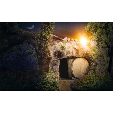 Imagem de Pano de fundo de fotografia de tumba de pedra vazia crucificação de Jesus Cristo luzes sagradas fundo cruz Deus abençoe Jesus Cristão Reze Páscoa Fundo Igreja Santuário Pano de Fundo Banner Decorações