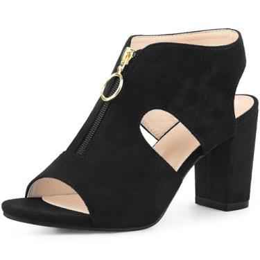 Imagem de Allegra K Sandália feminina com zíper frontal e salto grosso, salto gladiador, Preto, 38