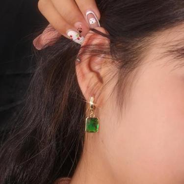 Imagem de Brincos pendurados em cristal, brincos de argola banhados a ouro 14 K, verde esmeralda, zircônia cúbica, brinco pendente para mulheres, festas de casamento
