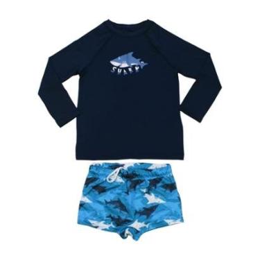 Imagem de Conjunto Moda Praia Camiseta Térmica e Sunga Estampa Tubarões 46845 - Boca Grande-Masculino