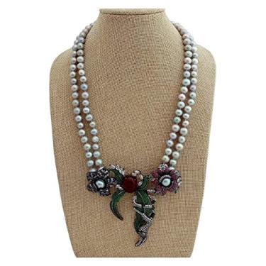 Imagem de DWBPGVUN 53,3 cm - 55,88 cm 2 fileiras cinza redondo colar de pérolas de água doce zircônia cúbica pave flor macaco pingente