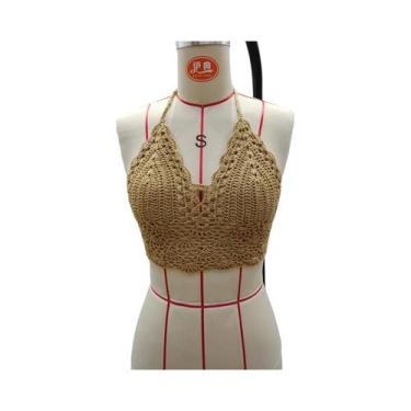 Imagem de Top De Biquíni De Crochê Preto Para Mulheres, Maiô Triangular Com Reco