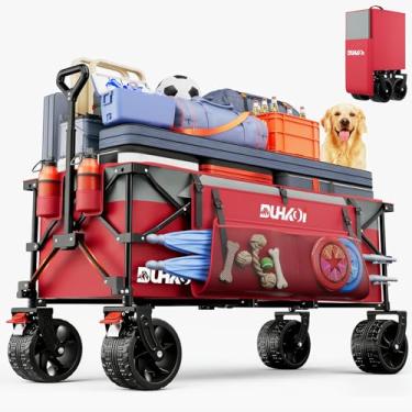 Imagem de Vagão estendido dobrável de 124,5 cm de comprimento com capacidade de peso de 226,8 kg, vagão esportivo resistente de 300 L, rodas grandes com suportes de copo, carrinho para esportes, compras, (rosa