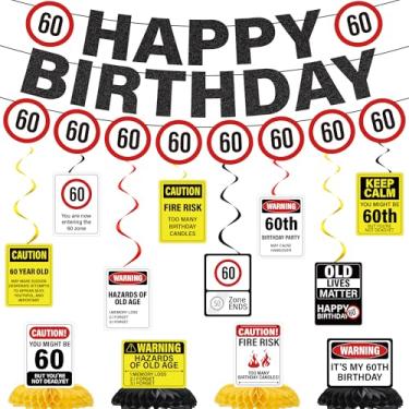 Imagem de Decorações de aniversário de 60 anos mulheres e homens - 15 peças caution logotipos banners guirlanda redemoinhos engraçados centros de mesa decoração de mesa para ela ele Cheers To 60 Years Party