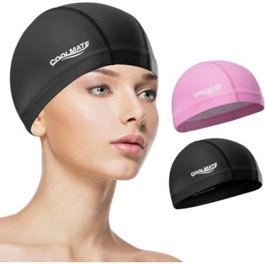 Imagem de COOLMATE Pacote com 2 toucas de natação de tecido para mulheres adultas e homens, camada de silicone resistente à água, touca de natação de tecido presentes para nadadoras, leve e confortável (2 peças
