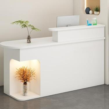 Imagem de Mesa de recepção moderna com gaveta trancável e luz LED - mesa de balcão branca para escritório - 140 cm