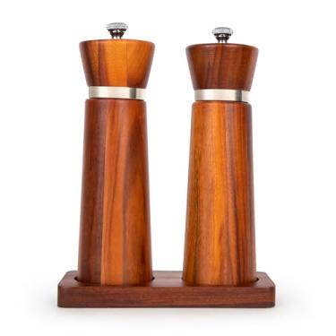 Imagem de Besti Conjunto de moedor de sal e pimenta de madeira com bandeja - Moedores manuais de 18 cm para sal do Himalaia, pimenta, pimenta, temperos - moedor de pimenta e sal reutilizável - Presente elegante