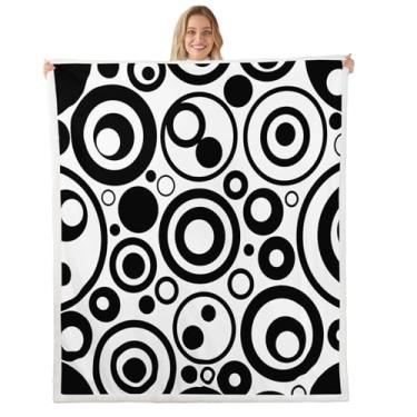 Imagem de Cobertor de cama preto e branco com linhas redondas para crianças meninas cobertor de lã de ovelha geométrico macio aconchegante leve moderno simples de lã de pelúcia cobertor abstrato presentes para