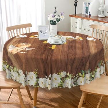 Imagem de Laeacco Toalha de mesa redonda God Bless Batismo de 122 cm, tábua de madeira com cruz de Páscoa, branca, floral, lavável, resistente a rugas e manchas, capa de mesa para eventos na igreja, casa
