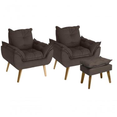 Imagem de Kit 02 Poltrona/cadeira Decorativa E Puff Glamour Com Pés Quadrado Marrom