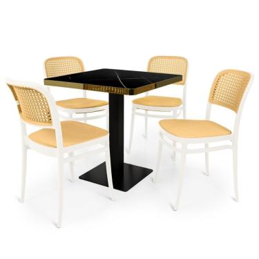 Imagem de Conjunto Mesa De Jantar Quadrada Venezia 70x70cm Preta Com 4 Cadeiras Roma - Branco