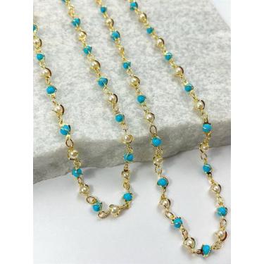 Imagem de Corrente Pérola com Conta Turquesa Banho Ouro 2 Milésimos com Verniz I