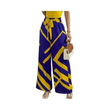 Imagem de Calça Feminina Cintura Alta e Perna Larga - Estampa Geométrica Casual,