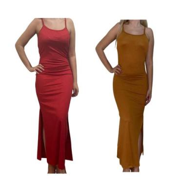 Imagem de Kit c/2 Vestidos Longo Canelado com Fenda - Empório J, Vermelho, Caram