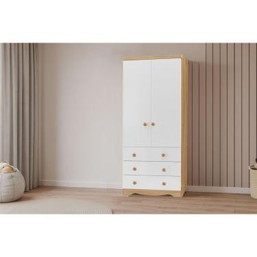 Imagem de Guarda Roupa Infantil Júnior 2 Portas de Bater 3 Gavetas MDF Branco-amendoa Móveis Peroba