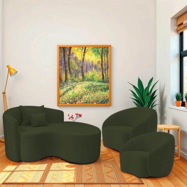 Imagem de Kit Recamier Curvo Sala De Estar Inglaterra 150cm Lado Direito E 2 Poltronas Orgânica Luxo Amore Linho Verde