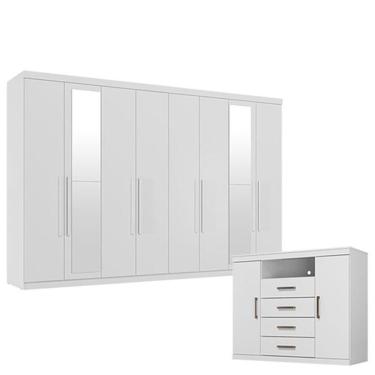 Imagem de Guarda Roupa Casal New Master 8 Portas 4 Gavetas Com Espelho E Cômoda Havana Master Branco Brilho- Santos Andirá