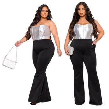 Imagem de Calça Feminina Plus Size Flare Boca de Sino Neoprene Com Bolsos Cor Pr