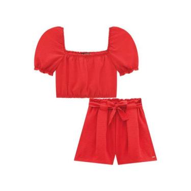 Imagem de Conjunto Roupa Infantil Menina Blusa Cropped Manga Curta + Short Com A