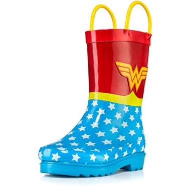 Imagem de Botas de chuva de borracha para meninas da DC Comics com estampa de Mulher Maravilha impermeáveis e fáceis de colocar (infantil), Blue and Red, 11 Little Kid