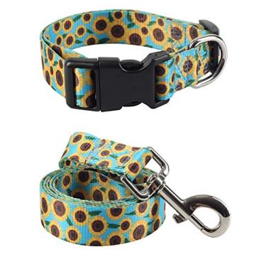 Imagem de Coleira para cachorro Coomour para animais de estimação engraçada girassol floral ajustável coleiras com linda correia para cães pequenos, médios e grandes conjunto de coleiras para gatos e flores (médio)