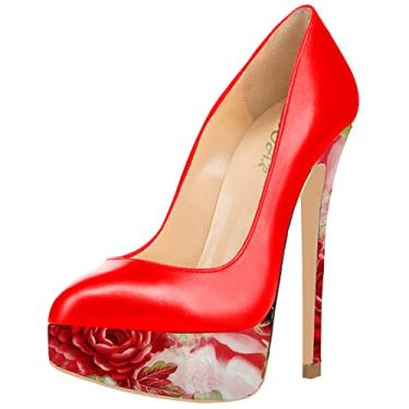 Imagem de AOOAR Sapatos femininos plataforma salto alto salto alto para festa, Floral vermelho, 5