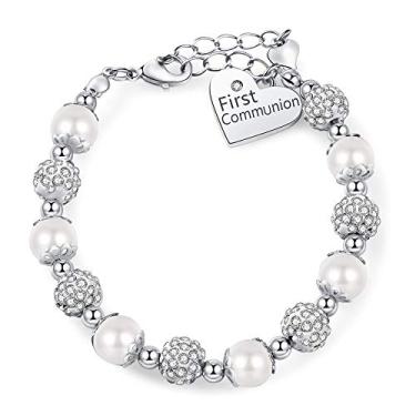 Imagem de FRTTVM Pulseira com pingente de contas brancas da Primeira Comunhão, joia feita à mão para batizado ou presente para meninas