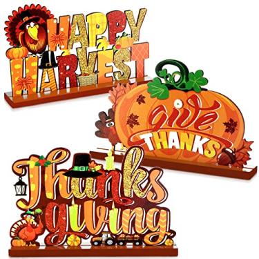 Imagem de Blulu 3 peças de decoração de mesa de madeira de Ação de Graças Happy Harvest Give Thanks placa de madeira de Ação de Graças centro de mesa de madeira para festa de Ação de Graças, casa, cozinha, prateleira, decoração de mesa