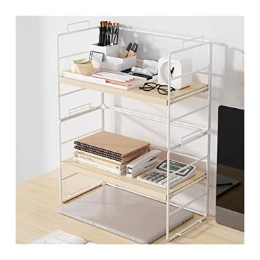 Imagem de KIZQYN Estante de livros de 3 camadas simples prateleira de mesa rack de armazenamento de mesa de escritório pequeno organizador de mesa de ferro para armazenar livros, arquivos, materiais de escritório, L37×D17×H44cm estante (cor: branco-a)