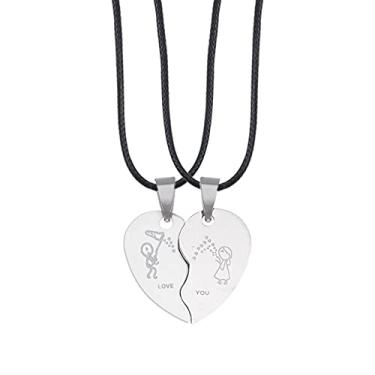 Imagem de CNBPIC Colar 2 Pces Coração Forma Pingente Titânio Aço Corrente Couro Corda Casal Joias Presente