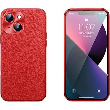 Imagem de HOUCY Capa fina para iPhone 13 Pro Max/13 Pro/13 com proteção de câmera, capa protetora de couro genuíno de luxo à prova de choque anti-riscos metal pára-choques (cor: vermelho, tamanho: 13 Pro Max 6.7